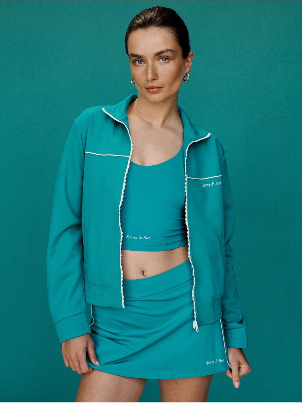 Sporty & Rich Teal Zip-Front Track Jacket with White Piping & Matching Mini Skir